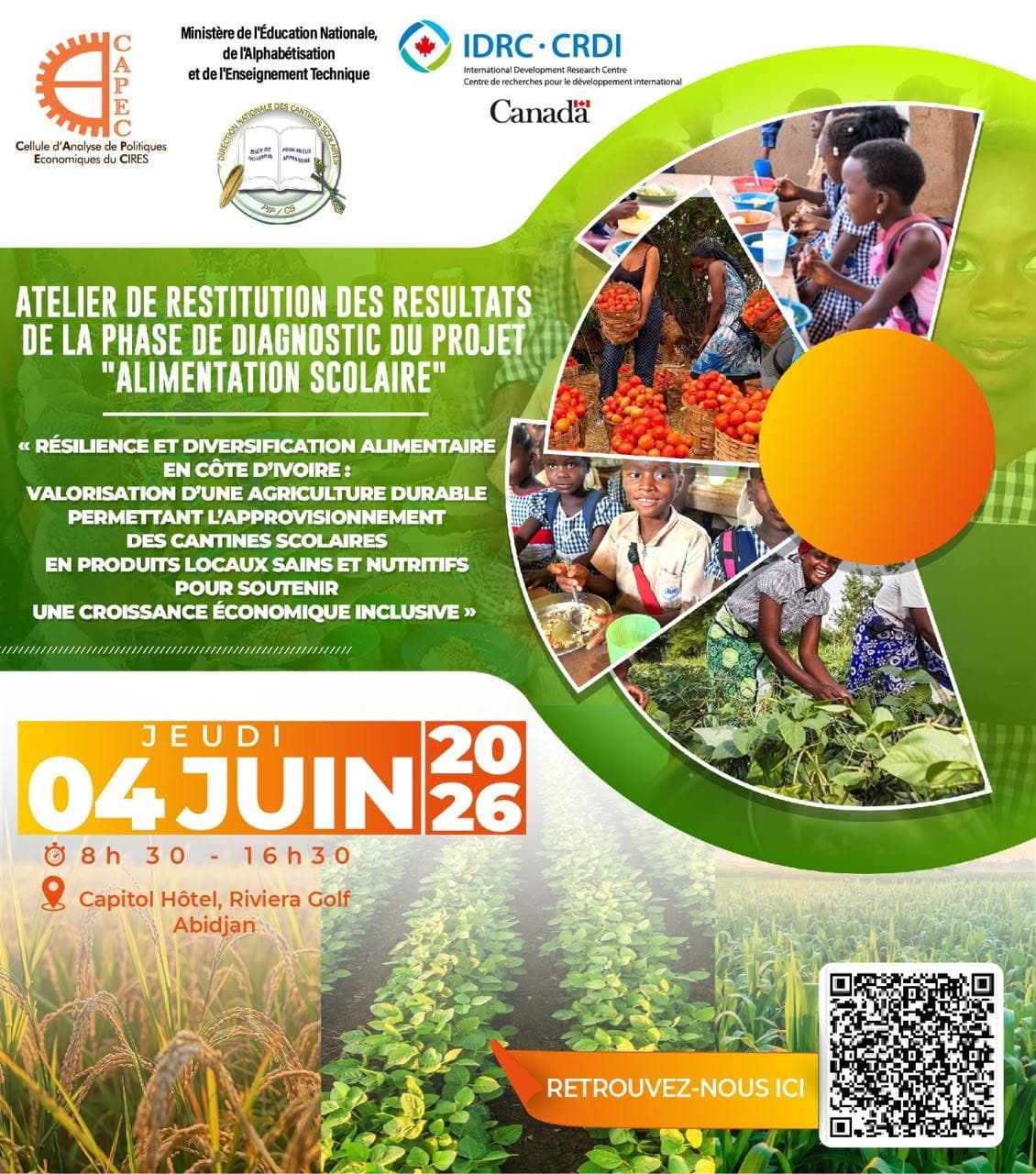 Atelier de restitution des résultats du diagnostic et de co-construction de solutions pilotes dans le cadre du projet CRISP – Alimentation Scolaire, prévu le jeudi 4 juin 2026 .